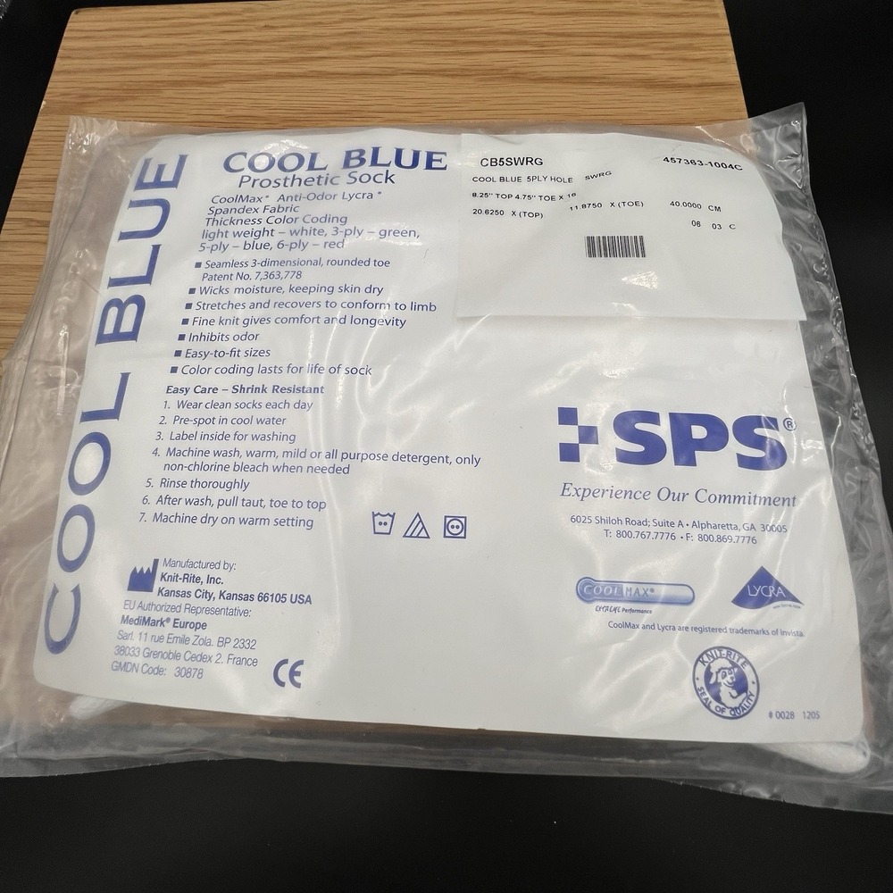 NEW SPS Cool Blue Prosthetic Sock 5-Ply Sewn Toe Hole 16" L SWRG CB5SWRG